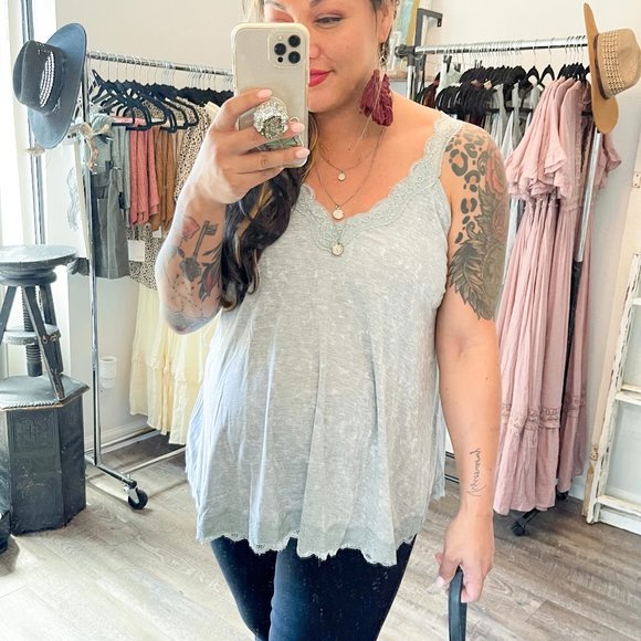 GREY Flowy Vintage Wash Lace Tank Tops - Picture 3 of 6